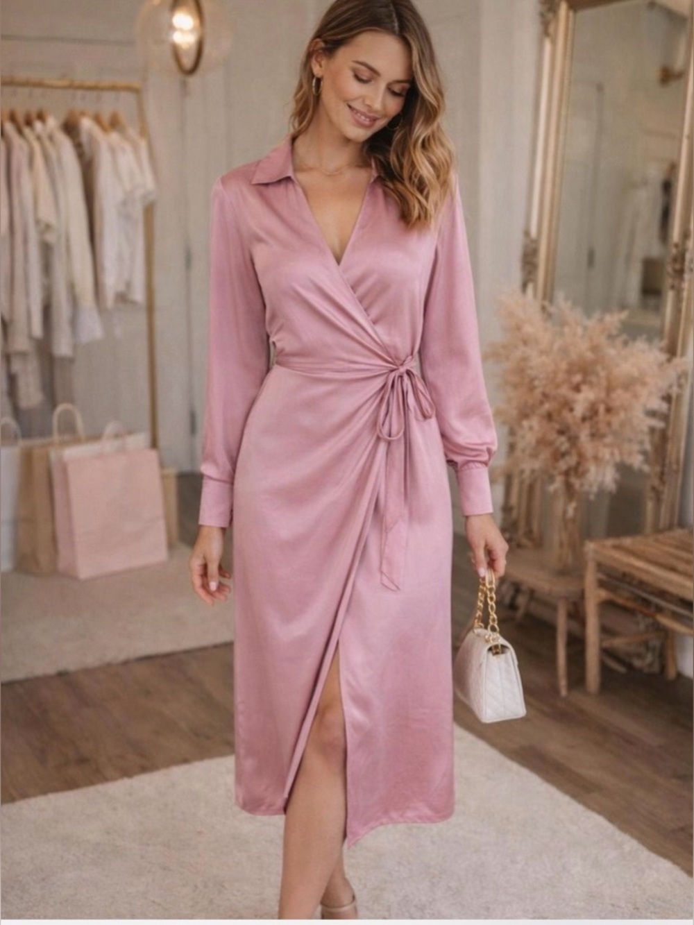 ZARA Satin Wrap Midi Dress Blush Pink Long Sleeve Tie Waist Size S NWT